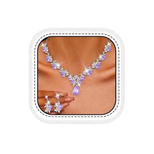 Unicra Rhinestone Bridal Wedding Jewelry Sets Purple Necklace Earrings Set Leaf Prom Formal Costume Jewelry Set for Women and Brides (Purple)