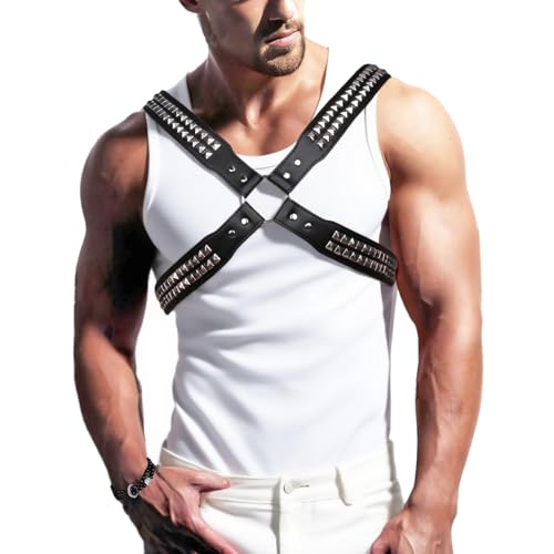 Men's Chest Harness Belt with Shining Rivets, Body Harness for Men, Adjustable PU Leather Male Punk Chest Shoulder Belt Muscle Show Fashion Costumes for Cosplay Party