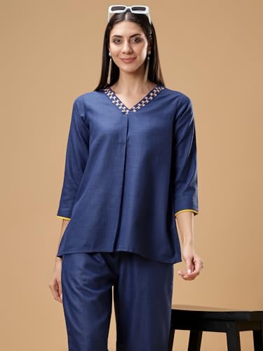 Image of Bani Women Co-ord Set, Top and Trouser Set 2 Piece Outfit, 3 /4 Sleeves Embroided V Neck, Coord Sets for Women| Western Dress, Stylish Design for All Occasions