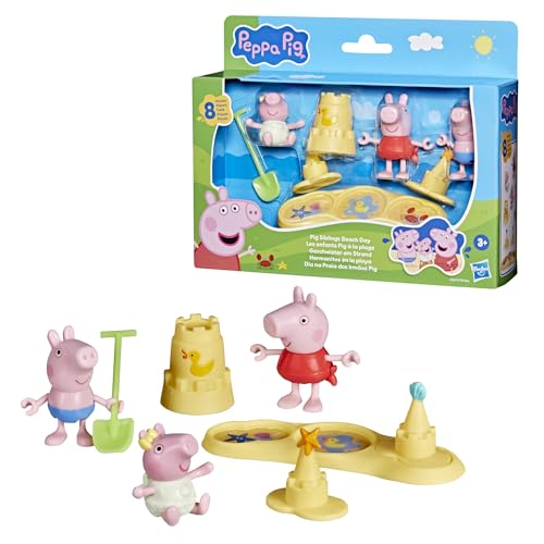Peppa Pig Siblings Beach Day Playset with 3 Figures and 5 Accessories, Includes Baby Evie, Preschool Toys for Girls and Boys Ages 3 and Up