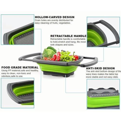 Image of KRESHU Silicone Collapsible Kitchen Colander Strainer | Food Colander with Extendable Handles | Perfect for Draining Pasta, Vegetables, and Fruits - Over the Sink Strainer (23.5Inch, Pack of 1)