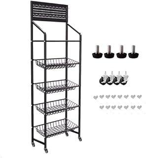 Estante grande de almacenamiento de alambre de metal con 15 ganchos, alfombrilla de 4 ruedas, supermercado comercial, tienda de conveniencia, color negro, 50 x 27 x 165 cm