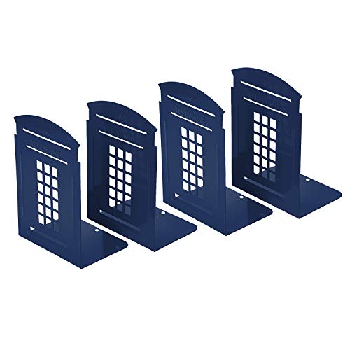 Bookends Blue, MerryNine 2 Pair Heavy Metal Non Skid Sturdy Telephone Booth Decorative Gift for Bookshelf Office School Library (London-Blue)
