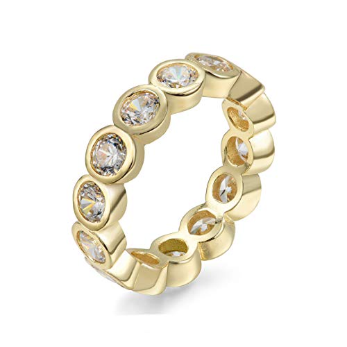 NYC Sterling Women's .925 Cubic Zirconia 4mm Bezel Design Stackable Eternity Ring Band (Gold-Plated-Silver, 7)