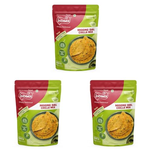 Image of INDIMIX Moong Dal Chilla Mix 500g | High-Protein Instant Breakfast | Multi Dal & Multigrain Chilla Powder | Ready in 3 Easy Steps (From the House of Pansari) (Pack of 3)