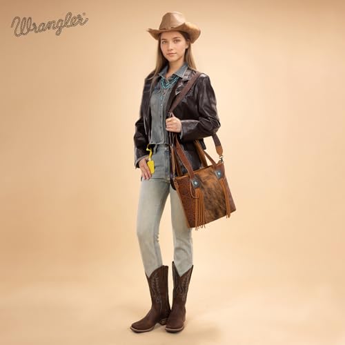 Image of Montana West Wrangler Cowhide Tote Bag for Women Western Tooling Handbag Leather Fringing with Turquoise Stone Concho