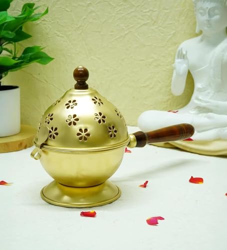 Ramshar Metal Dhoop Dani with Handle | Loban Burner, Incense Holder, Dhuni Stand for Home, Temple & Office | Traditional Pooja Dhoop Stand (25×11.4×16.5 cm, Black) (Gold)