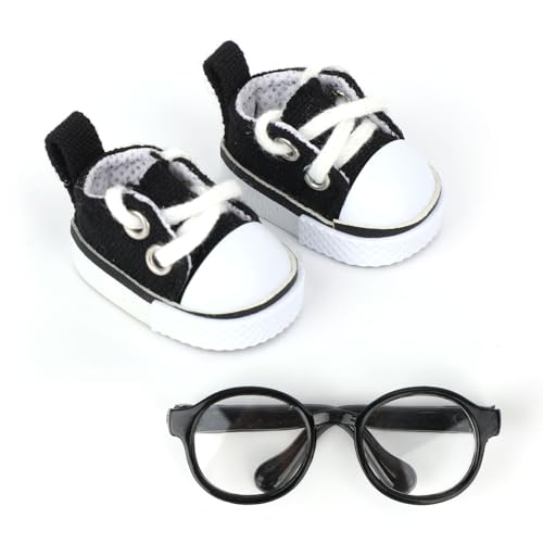 Mikovivi 2pcs 17cm Doll Shoes & Glasses Fashion Mini Lace-Up Canvas Casual Sneakers & Eyeglasses Cute Doll Outfit Accessories (Black)