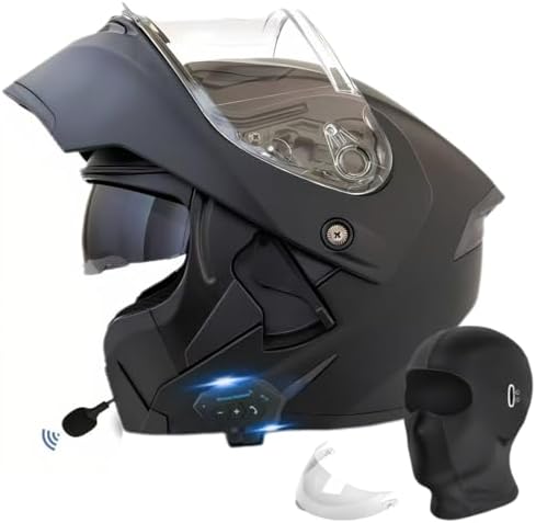 Motorcycle Bluetooth Modular Helmet, DOT Approved Flip Up Full Face Motorcycle Dual Visor Helmet, with Dual Speakers and Microphone, for Adults Men and Women (Matte Black,XX-Large)