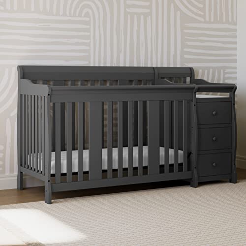 Image of Storkcraft Portofino 5-in-1 Convertible Crib and Changer - Crib and Changing Table Combo with Drawer, Converts to Toddler Bed, Daybed and Full-Size Bed, Storage Drawer (Gray)