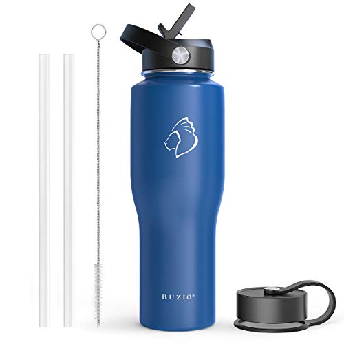BUZIO Stainless Steel Water Bottle Vacuum Insulated (Cold for 48 Hrs, Hot for 24 Hrs), Cobalt 32oz Tumbler Travel Flask with Straw Lid and Flex Cap, Fit in Any Car Cup Holder