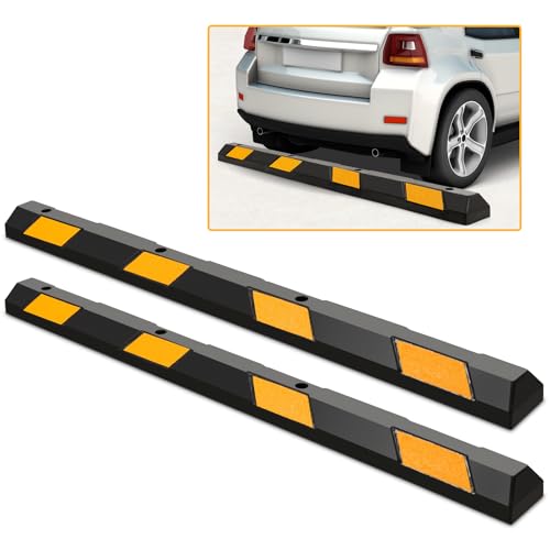 COSTWAY 2 er Set Radstopper Gummi, Parkplatzbegrenzung 183 cm, bis 4000 kg, Parkbegrenzung mit gelben Reflektorstreifen, Einparkhilfe für Garagen Parkplätze, Auto, LKW, Wohnmobil, Schwarz + Gelb