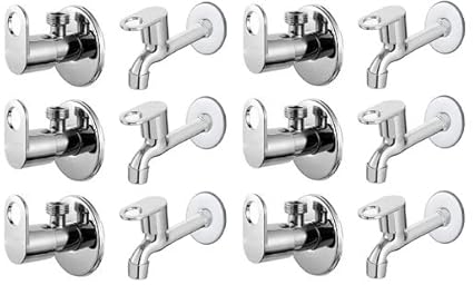 Spazio Stainless Steel Prime Angle Valve With Long Body Combo Pack Foam Flow Water Taps With Wall Flange (Pack of 6) (Chrome Plated, Brass Disc)