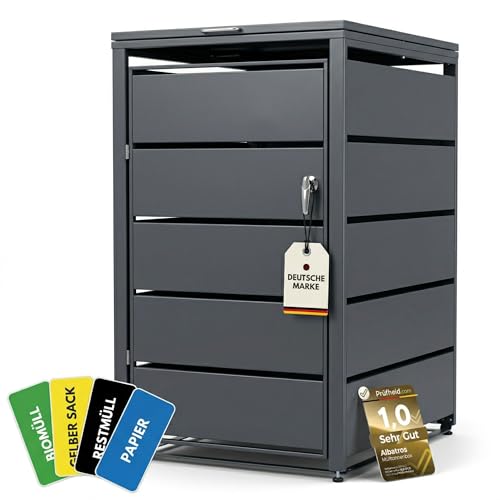 ALBATROS M&uuml;lltonnenbox 1er, 120L bis 240L, f&uuml;r 1 Tonne, M&uuml;lltonnenverkleidung aus verzinkten Metall, Anthrazit Grau RAL7016, abschlie&szlig;bar, wetterfest, gepr&uuml;ft nach ISO9227, mit Soft-Close