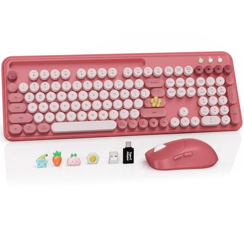 Image of Wireless Keyboard and Mouse Combo, Retro Round Keycaps, Full-Size Stylish Typewriter Keyboard with Large Phone /Tablet Holder, 3-Level DPI Ergonomic Mouse, 2.4GHz Cordless for Windows PC, Rose Pink