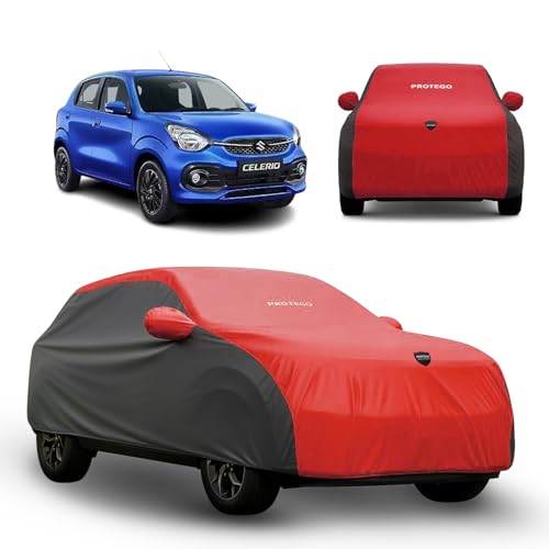 Image of PROTEGO Prime Series India's 1st Anti-Tear Car Cover for Maruti Suzuki Celerio | Heavy-Duty, Custom Fit, All Weather | 100% Waterproof, Windproof & Hail Resistant | 2-Year Warranty | Red + Black