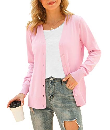 VIISHOW Women's V-Neck Button Down Knitwear Long Sleeve Soft Basic Knit Cardigan Sweater, Pink, Large