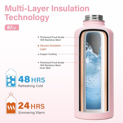 Insulated Water Bottle | Thickened Stainless Steel for Gym and Hiking with Straw, Carrier Bag, Handle Strap | BPA-Free 87 oz