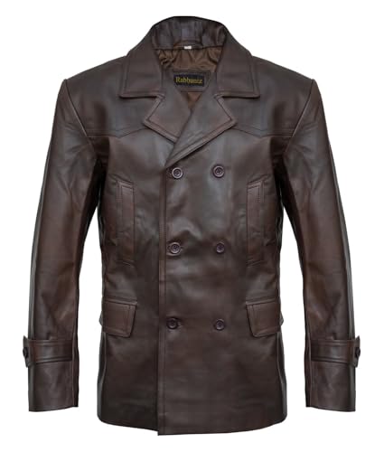 Higobo Men's Brown Leather Pea Coat Double Breasted Men Peacoat Jacket