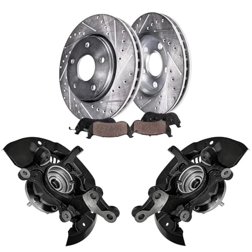 Image of Detroit Axle - FWD Front Steering Knuckles Hub Drilled and Slotted Brake | Rotors Ceramic Pads Replacement for 2011-2017 Toyota Sienna - 6pc Set
