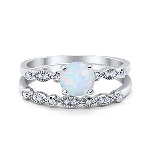 Blue Apple Co. Art Deco Wedding Engagement Bridal Set Ring Band Created White Opal Round Cubic Zirconia 925 Sterling Silver, Size-6