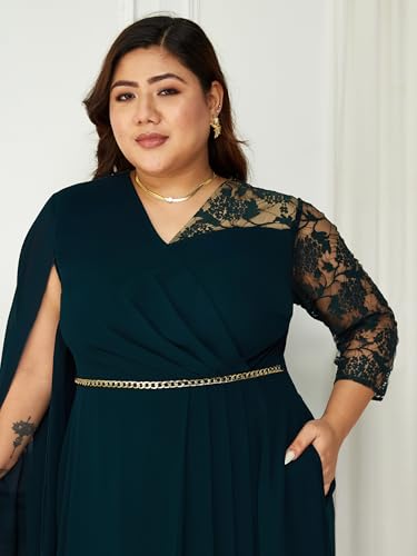 Image of Miss Chase A+ Women's Floral Printed Relaxed Fit V -Neck 3 /4Th Sleeve Georgette Maxi Dress