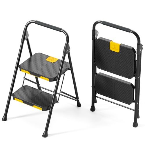 KINGRACK Escalera Plegable de 2 Peldaños con Bloqueo de Seguridad, Escalera de Tijera Doméstica Carga hasta 360kg con Pedal Ancho Antideslizante, Pasamanos, Taburete de Acero, para Hogar Cocina, Negro