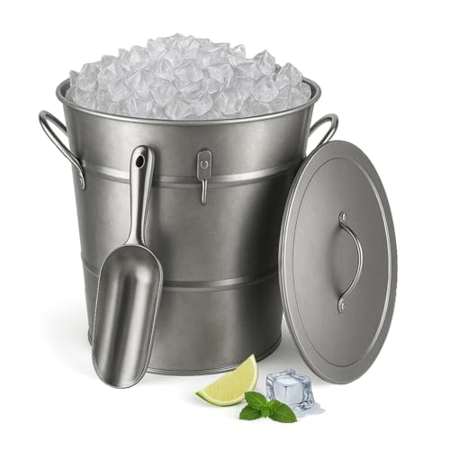 Insulated Ice Bucket with Lid Scoop for Parties Cocktail Bar, 4L Round Mental Champagne Drink Wine Bucket with Handle for Drinks