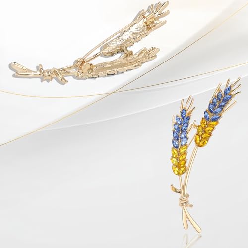 Image of Wheat Brooch Pin Blue Yellow Rhinestones Plant and Flower Suit Lapel Pins for Women Men Jewelry Gift (Upper Blue+Lower Yellow), 2.6*0.43*1.0in