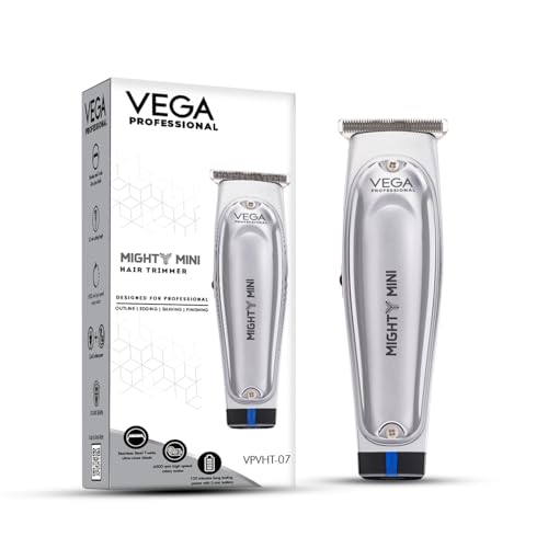 VEGA PROFESSIONAL Men Mighty Mini tondeuse à cheveux avec lame en T en acier inoxydable ultra fermée, moteur de 6500 tr/min, temps de charge de 120 minutes,...