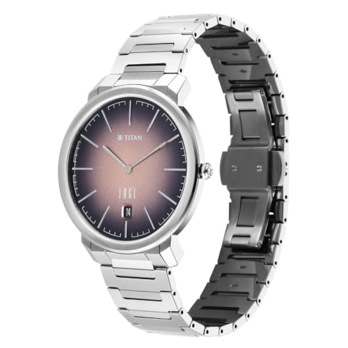 Image of EDGE Meister with Quartz Analog 2 Hands + Date Display Brown Dial Solid Link Grade 5 Titanium Strap Watch for Men - 10065TM01
