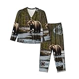 Kfjghhl Weißer Bär, brauner Bär, Schlafanzug-Set für Damen, weich, zweiteilig, langärmelig, Oberteil, karierte Hose, Nachtwäsche, Taschen, Schwarz , M