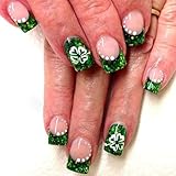 Green Glitter French Tip Press on Nails St. Patrick's Day Clover Fake Nails Glossy Short Square Glue on Nails Saint Patrick Lucky Shamrock Stick on Nails for Women DIY Manicure