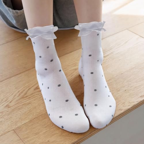 Image of 6 Pairs Women Big Ruffle Dot Socks Turn Cuff, Double Lace Ankle Frilly Socks for Women Ladies(White, Cream Yellow, Yellow, Pink, Grey, Black)