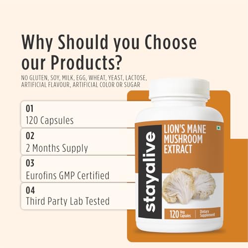 Image of STAY ALIVE Lion's Mane Mushroom Supplement 1000mg | 30:1 Extract with Beta Glucans | 100% Fruiting Body | Supports Brain Health, Memory & Cognitive Function | Non-GMO & Gluten-Free | 120 Capsules