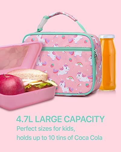 Bagseri Lunch Box, Kids Insulated Lunch Bag For Girls, Portable Reusable Toddler Lunch Cooler Bag Thermal Organizer, Water-Resistant Lining (Pink, Unicorns) #TOP1