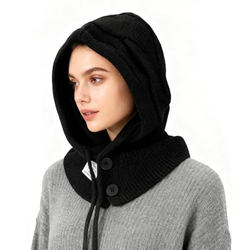 AYPOW Damen Winter Thermo Slouch Strickmütze und Schal, 2 in 1 Einstellbar Warm Winddichte Kapuzenschal Sturmhaube und Nackenwärmer,Weiches Elastisch Beanie Hut für Outdoor...