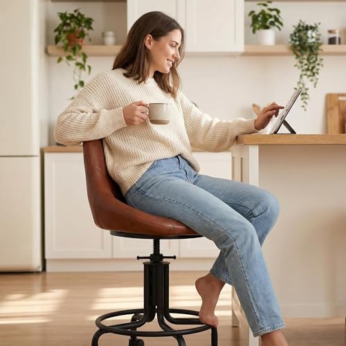 Topower Silla Industrial Ajustable Altura para Cocina y Bar con Ruedas, Asiento de Cuero Sintético Marrón miniatura 2