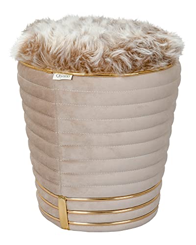 Qiyano Pouf Sitzhocker Samt, runder Fusshocker in Taupe mit flauschigem Fellimitat, Interior Dekoration Kunstlederverzierung in Gold - Höhe ca. 50 cm, Farbe: Taupe Cover