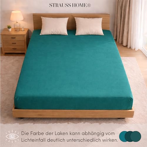Strauss Home® Premium Spannbettlaken – 160 g/m² Gekämmte Baumwolle – Extra Hohe Steghöhe in Hotelqualität – Formstabil & Langlebig – Für Boxspringbetten bis 35 cm – 180x220-200x220cm - Petrol