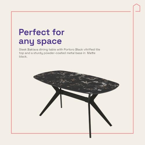 Image of Wakefit Baklava Dining Table - Portoro Black - 6 Seater I Marble Finish I Vitrified Tile Top I Portoro Black