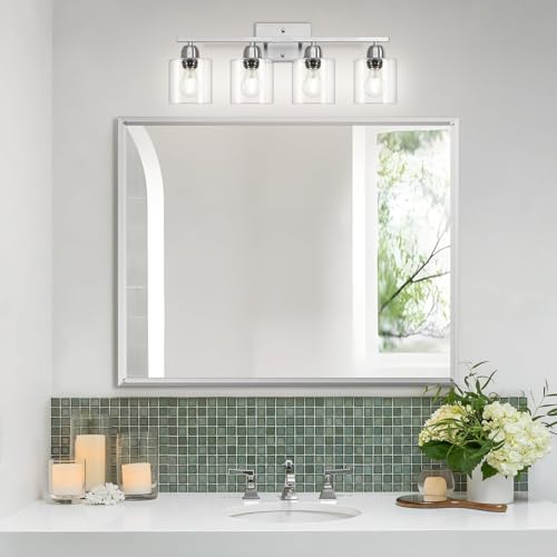 Image of Modern Brushed Nickel 4 Light Bathroom Light Fixtures, 24 inch Vanity Lights for Bathroom with Clear Glass, Bathroom Vanity Light for Mirror Kitchen Living Room Hallway Cabinet Porch