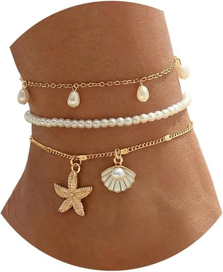 urvara 3 PCS Anklet For Women, Beach Accessories For Women, Boho Jewellery For Women, Gold Starfish Shell Anklet Three Piece Set, Adjustable Anklets For Women Fancy, Layered Beach Jewellery-picture-31