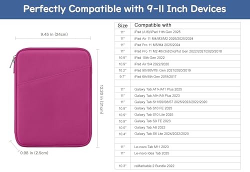 Image of Dadanism 9-11 inch Tablet Sleeve Bag Carrying Case for iPad (A16) 11th Gen 11 inch, iPad 10th Gen 10.9 inch Air 5 /4, iPad Air M4 /Pro 11 inch, iPad 9 /8 /7th, Galaxy Tab A11+ Plus 11 inch, Remarkable 2 10.3 inch, Fuchsia