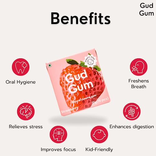 Image of Gud Gum- Natural, Plastic Free Chewing Gum- Pack of 2- No added artificial colours, flavours & sweeteners (Strawberry)