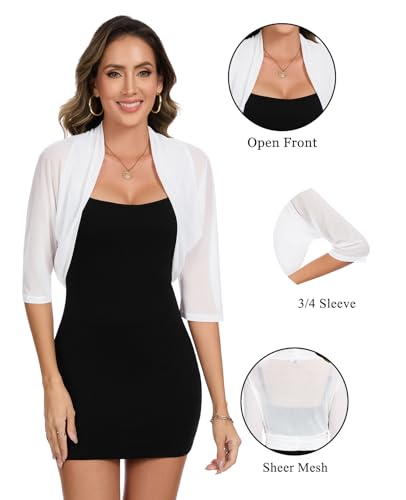 Image of MINTLIMIT Women's Elegant Sheer Mesh Shrug Bolero Batwing 3 /4 Sleeve Open Front Cropped Cardigan Shrugs for Evening Dress