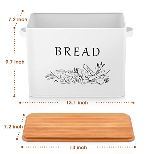 Teamfar Bread Box With Wooden Lid, 13.1” X 7.2” X 9.7” Metal Bread Container Storage Holder For Family Farmhouse Kitchen Countertop, Powder-Coated & Healthy, Large Capacity & Classic Pattern (White) #TOP1