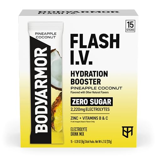 Image of BODYARMOR Flash I.V. Electrolyte Packets, Pineapple Coconut, Zero Sugar Drink Mix, Single Serve Packs, Coconut Water Powder, Hydration for Workout, Travel Essential, Add Sticks to Liquid (15 Count)