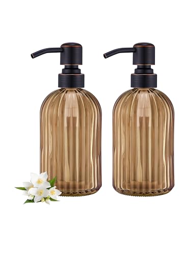 Image of 16 OZ Amber Glass Soap Dispenser, Amber Stripe Bathroom Hand Soap Dispensers with Stainless Steel Bronze Pump,Brown Glass Kitchen Hand Soap Dispenser with Oil Rubbed Bronze Pump,2 Packs