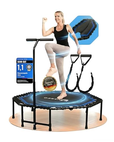VIREO Fitness Trampolin Indoor Erwachsene [Klappbar & Stabil] mit Haltegriff – Mini Trampoline Ø 102 cm bis 150 kg, Leise & Gelenkschonend, Jumping Fitness & Sprung für Zuhause inkl. Widerstandsbänder